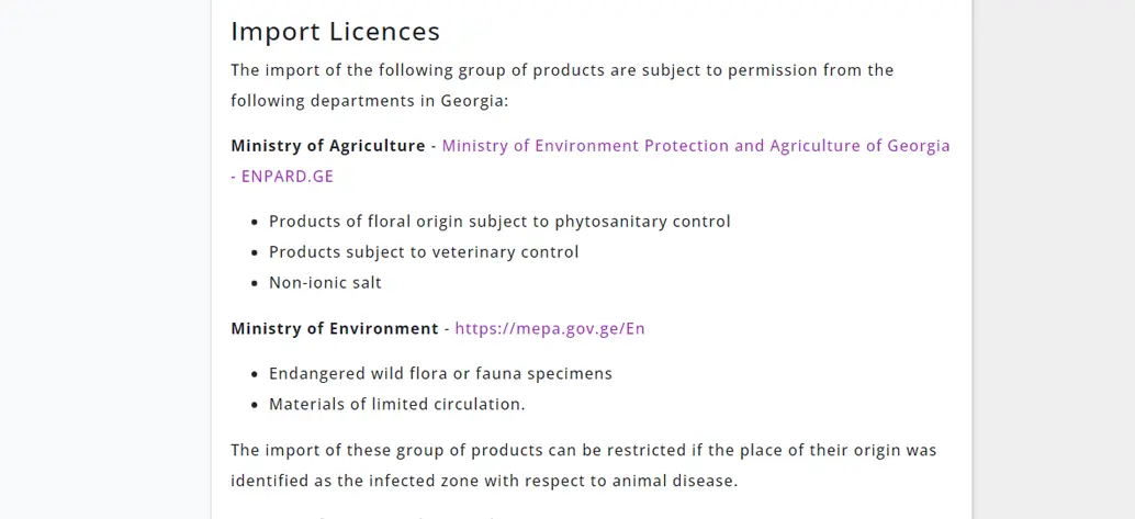 A portion of the import license information easy-duty stores for Georgia