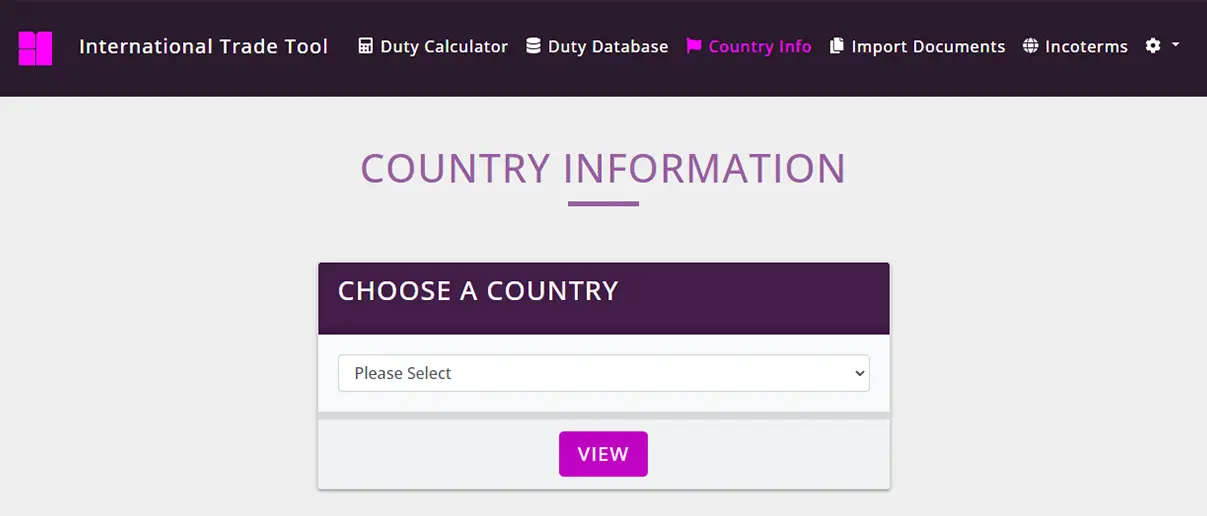 The country information landing page in easy-duty