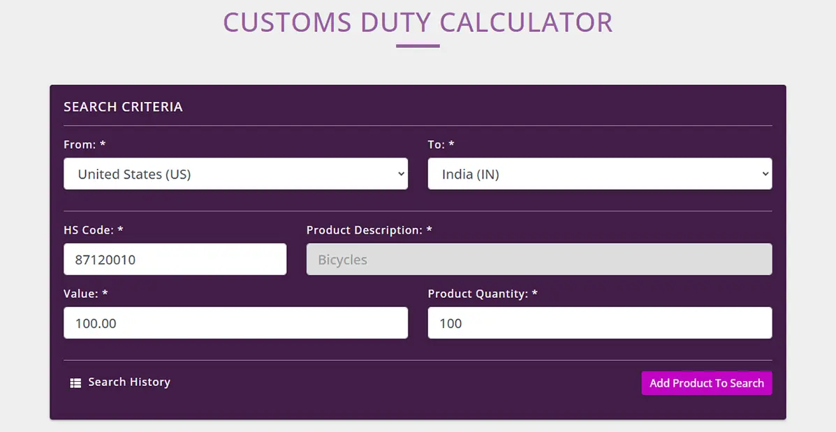 The product form and the button to press to add it to the duty calculation.