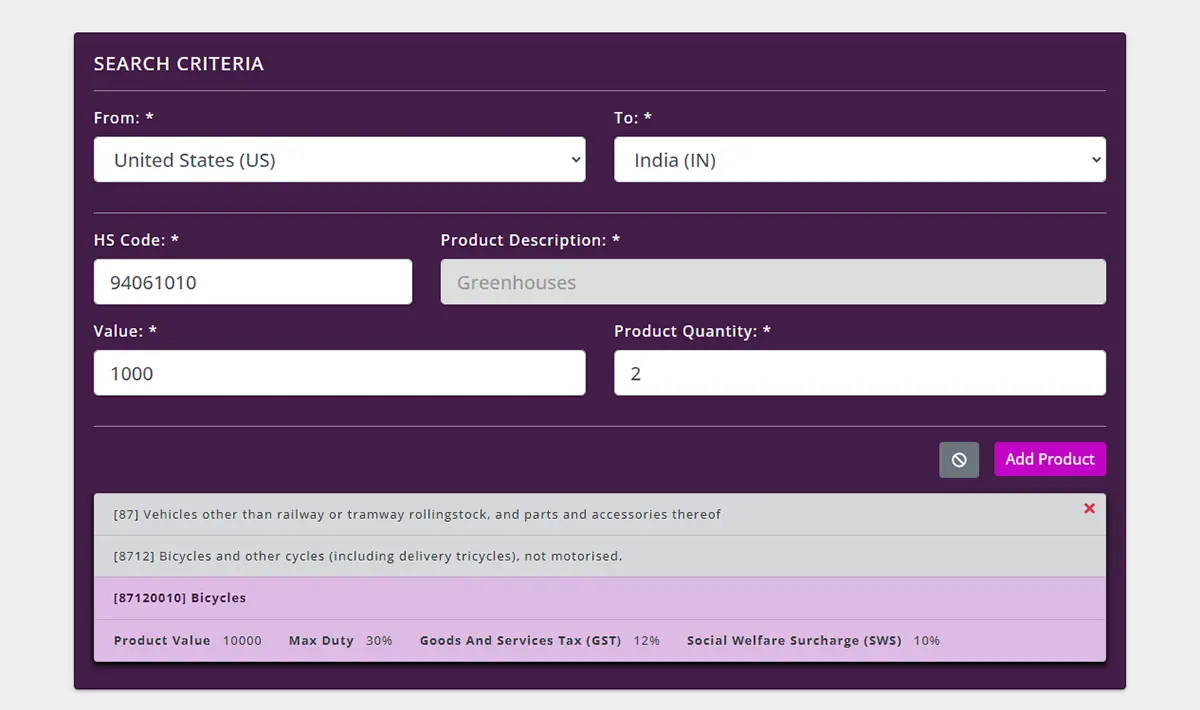 A second product being added to the Duty Calculator search