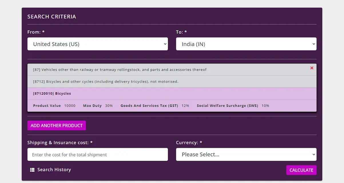 A single product has been added to the Duty Calculation search and a summary of information is shown