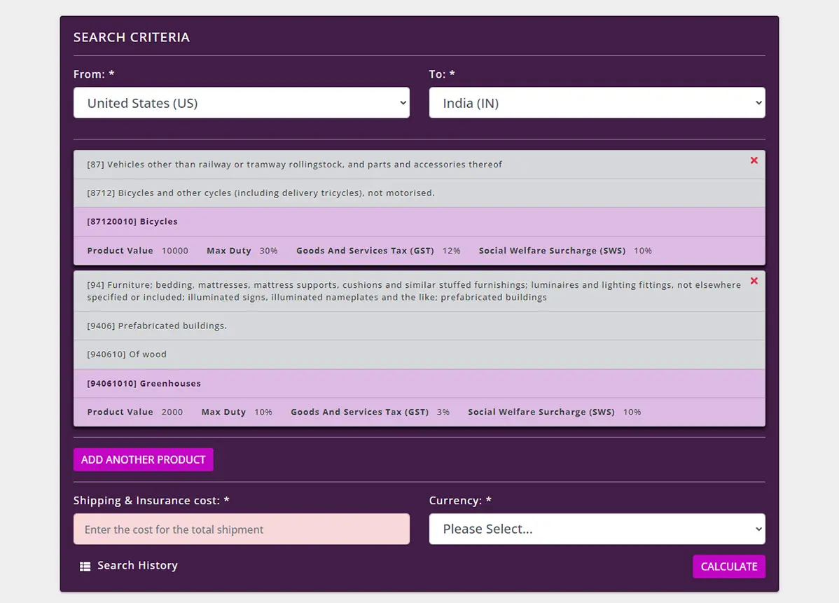 A second product has been added to the Duty Calculator search and preliminary duty information