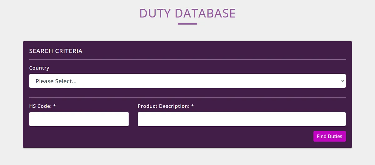 The Duty Database landing page.