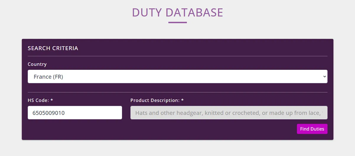The Duty Database form populated to do a search for French duties.