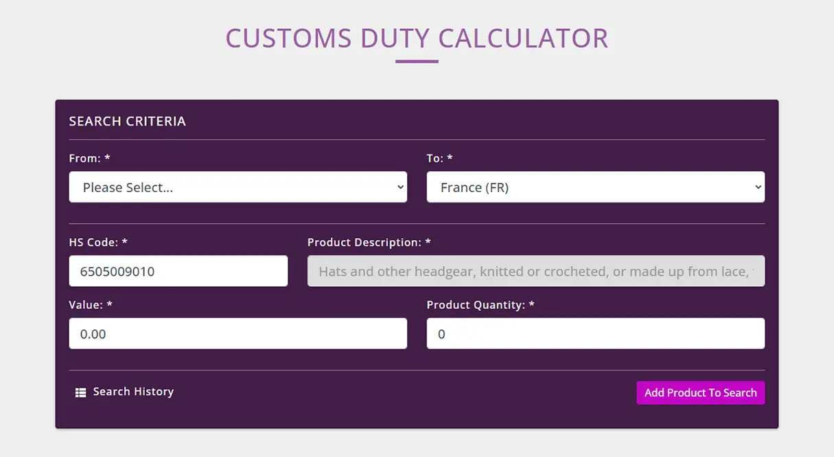 The Duty Calculator form with data pre-populated
