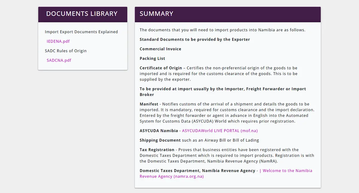 A portion of the import document information easy-duty stores for Namibia