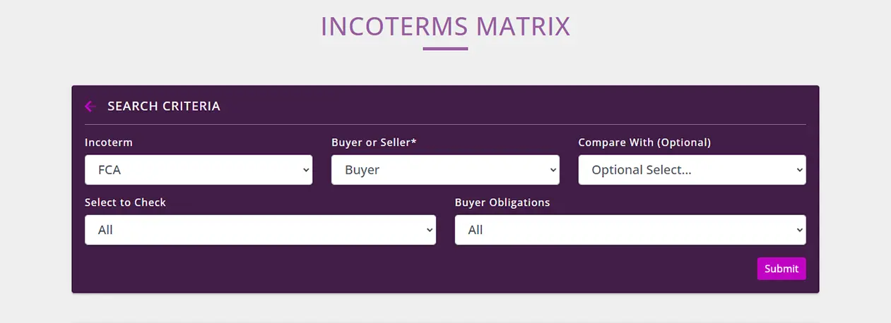 Incoterms matrix form with data being entered.